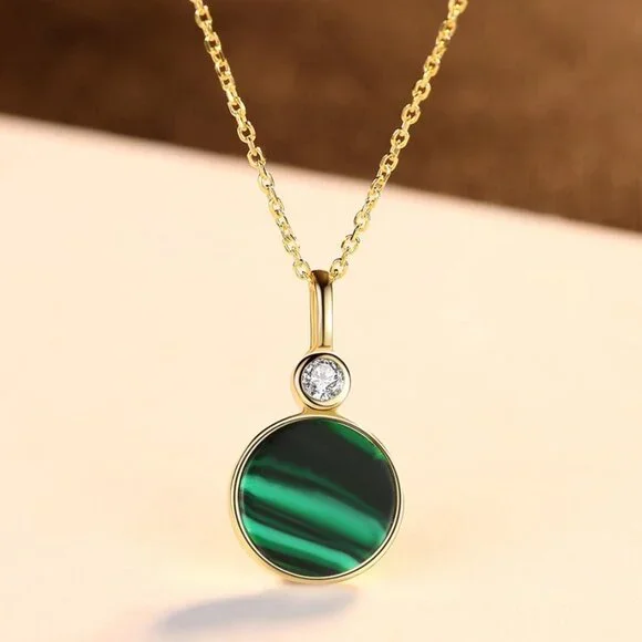 18KY Gold Plated over Sterling Silver Malachite and CZ Necklace - Picture 3 of 6